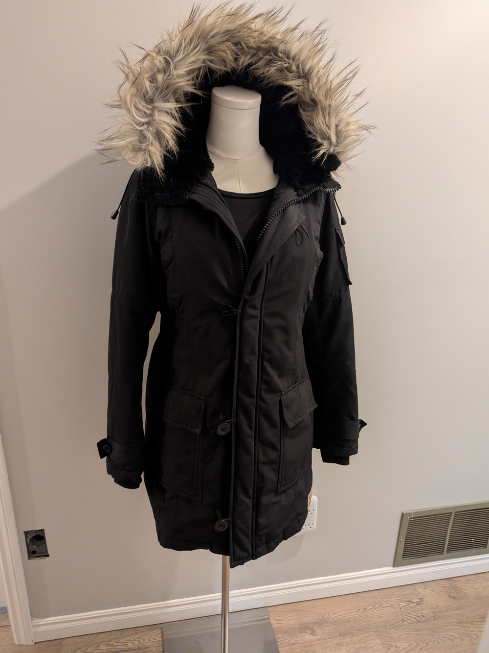 Women's Triple Five Soul Black Parka with Faux Fur Trim